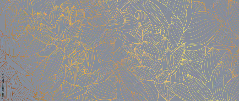 Obraz premium Luxury golden lotus flower line art background vector. Natural botanical elegant flower with gold line art. Design illustration for decoration, wall decor, wallpaper, cover, banner, poster, card.