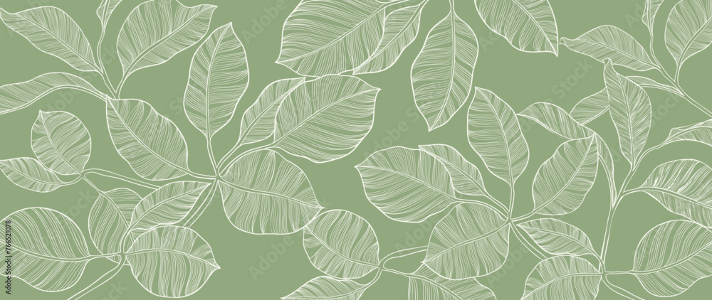Botanical leaf line art background vector. Natural botanical elegant leaves with white line art on green background. Design illustration for decoration, wall decor, wallpaper, cover, banner, card.