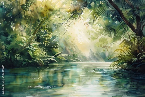 Tranquil Jungle Landscape Featuring Vibrant Green Foliage, Gentle Flowing River, and Sunlight Filtering Through the Canopy