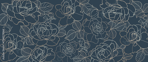 Luxury golden rose flower line art background vector. Natural botanical elegant flower with gold line art. Design illustration for decoration, wall decor, wallpaper, cover, banner, poster, card.