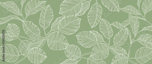 Botanical leaf line art background vector. Natural botanical elegant leaves with white line art on green background. Design illustration for decoration, wall decor, wallpaper, cover, banner, card.