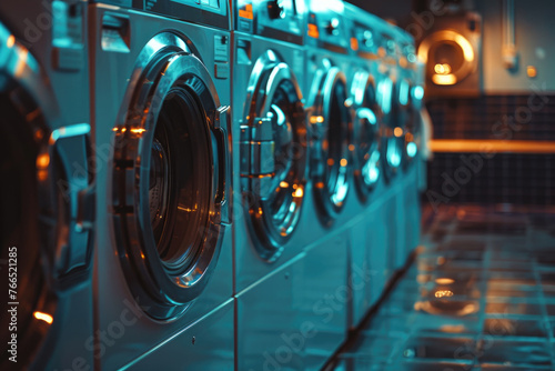 A row of white washers and dryers are in a laundromat. The washers are all in use, and the dryers are all empty. The scene is bright and cheerful, with the washers