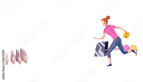 People play bowling game, side view. Woman playing bowling. Girl enjoy of game. Player entertainment activity. illustration