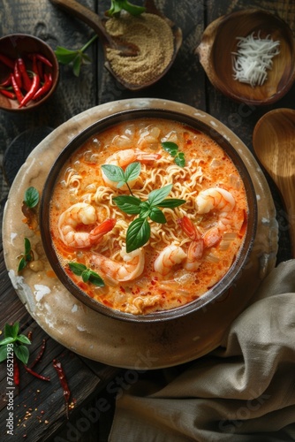 A bowl of soup with shrimp and basil on top. The bowl is on a wooden table with a spoon nearby