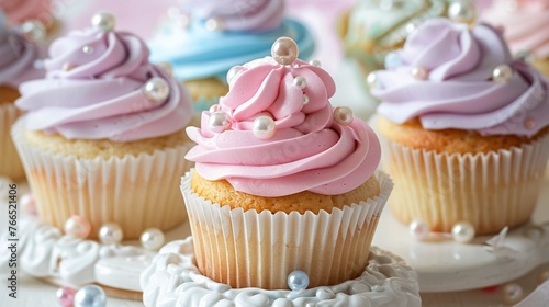 Sweet christening cupcakes topped with pastel-colored frosting and edible pearls, a delightful treat for guests to enjoy. photo