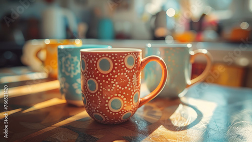 Two patterned mugs on a table