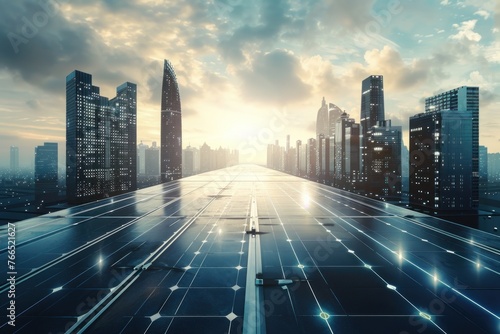 Futuristic cityscape with solar panel road and skyscrapers at sunrise, showcasing a vision of sustainable urban development