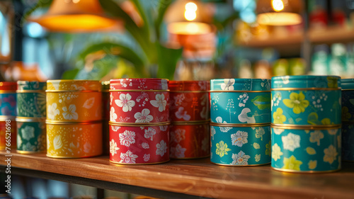 Rows of colorful tins with patterns.