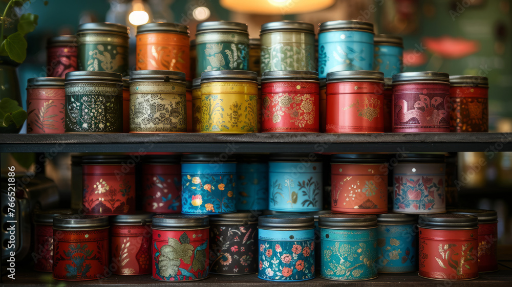 Rows of scented candles in decorative tins on a shelf Rows of scented candles in decorative tins on a shelf
