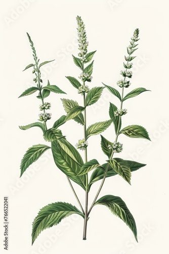 A drawing of a plant with green leaves and white flowers. The drawing is very detailed and has a very realistic look to it. Scene is peaceful and serene, as the plant is depicted in a natural setting