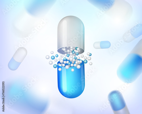 Capsules for info graphic. Painkillers, antibiotics, vitamins, amino acids, minerals, bio active additive, sports nutrition. Icons of medicament. Medical illustration on blue background.