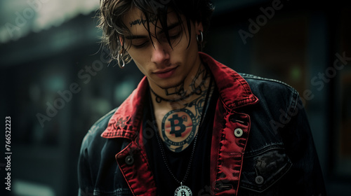 Young punk emo guy with face and neck bitcoin tattoos, crypto believer generation of the future photo