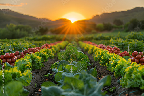 Irrigated farmland with rows of vegetables at sunset. Sustainable agriculture and food supply concept. Golden hour light over the rural landscape for design and print