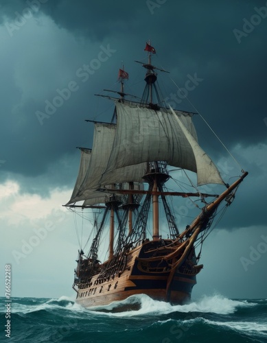 A majestic old-world sailing ship with billowing sails confronts towering waves under a brooding stormy sky, capturing the essence of nautical adventure and the power of nature.