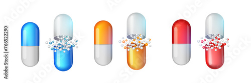 white-orange capsule on a white background. Painkillers, antibiotics, vitamins, amino acids, minerals, bio active additive, sports nutrition. Icons of medicament. Medical illustration 