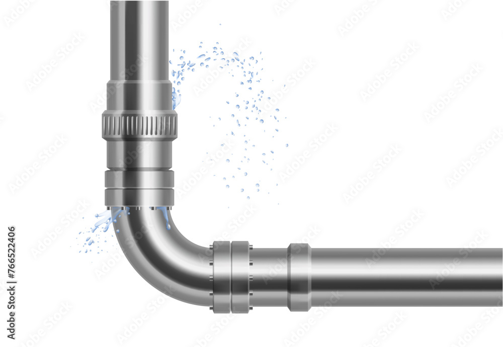 Plumbing, piping, realistic pipes. Leakage of water pipes. Broken steel