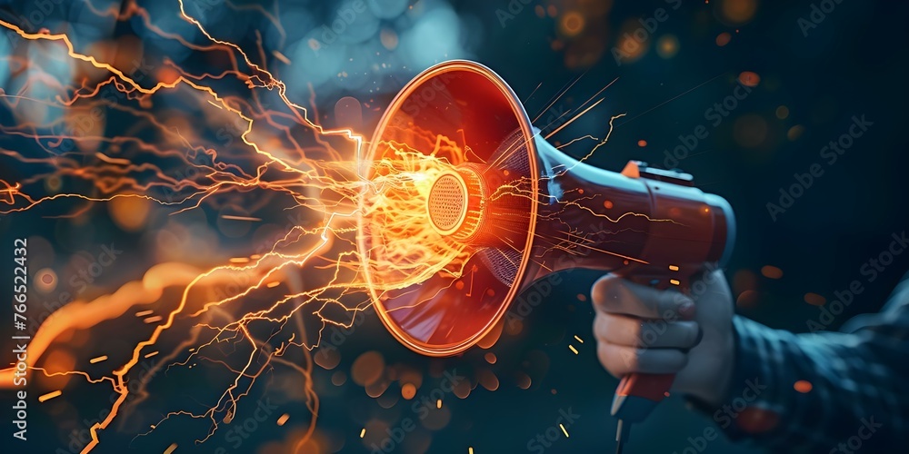 A hand holding a realistic 3D megaphone with lightning symbols representing social media advertising and promotion. Concept Social Media Marketing, Digital Advertising, Promotion Strategies - obrazy, fototapety, plakaty 