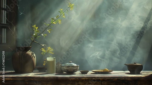 Tranquil and meditative aura emanating from a serene and contemplative still life composition. photo