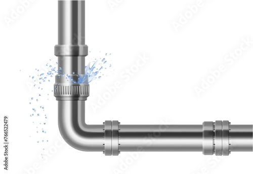 Plumbing, piping, realistic pipes.
Leakage of water pipes. Broken steel pipeline with leak, leaky valve, drip fittings, burst pipe, leak, leaking pipes. vector illustration