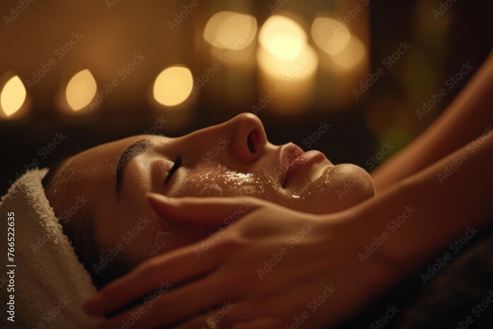 Young Woman Enjoying a Soothing Facial Massage in a Serene Candlelit Room for Ultimate Relaxation and Self-Care Experience Young Woman Enjoying a Soothing Facial Massage in a Serene Candlelit Room for Ultimate Relaxation and Self-Care Experience
