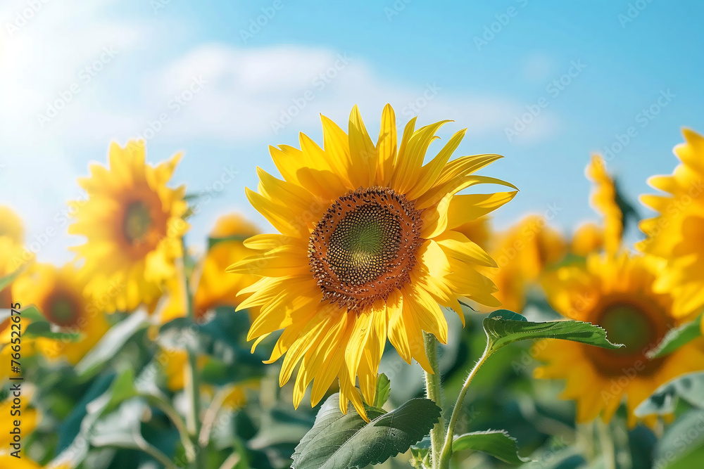 Photo of bright yellow sunflowers. Summer background
