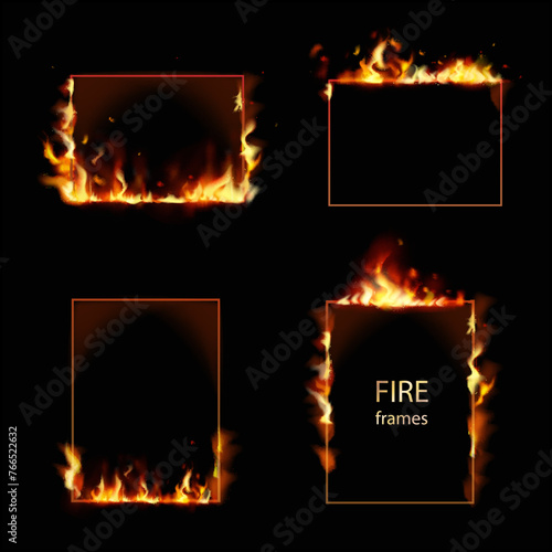 Rectangular burning borders. Square frames in fire with flying particles and sparks. Flame 3dtongues. Realistic burning foam with copy space for text © lightgirl