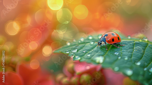 Ladybug on a leaf with dew drops.