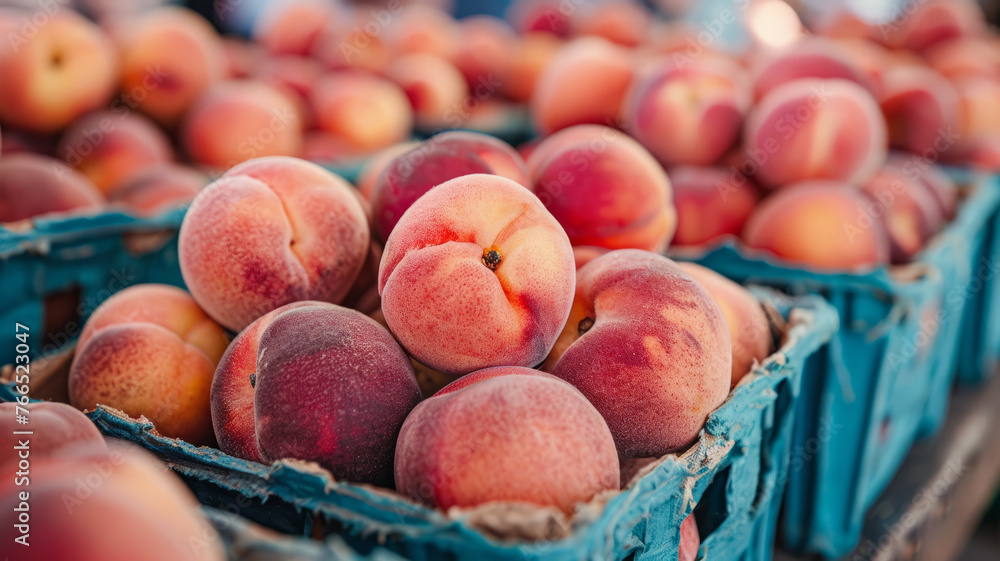 Fresh peaches in a market crate.