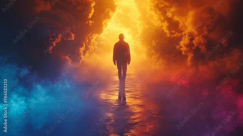 An ominous figure stands against a backdrop of a dramatic cosmic clash, with swirling clouds and intense colors depicting an apocalyptic vision.