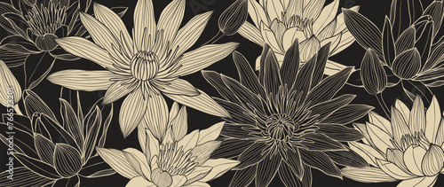 Luxury golden lotus flower line art background vector. Natural botanical elegant flower with gold line art. Design illustration for decoration, wall decor, wallpaper, cover, banner, poster, card. © TWINS DESIGN STUDIO