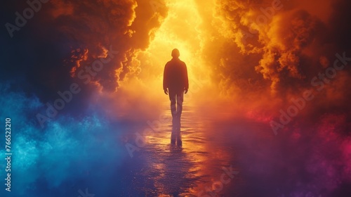 Wallpaper Mural An ominous figure stands against a backdrop of a dramatic cosmic clash, with swirling clouds and intense colors depicting an apocalyptic vision. Torontodigital.ca