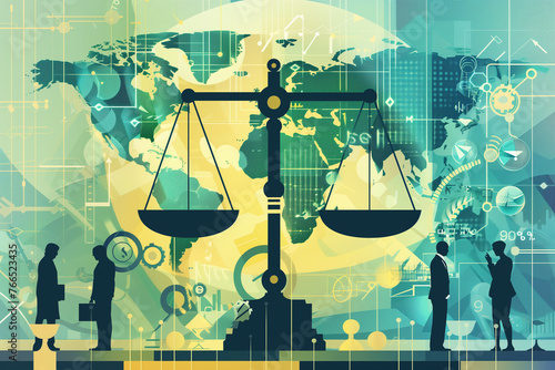 Scales of justice on a green background, with global iconography, business icons, erth and scales photo