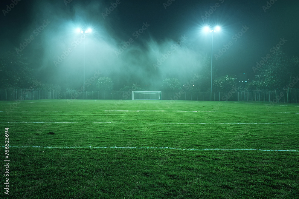 Photo of empty football field at night illuminated by spotlights