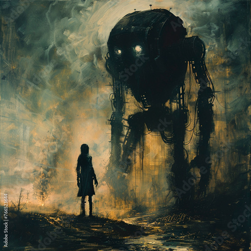 A lone figure stands before a towering AI entity grappling with conflicting emotions photo