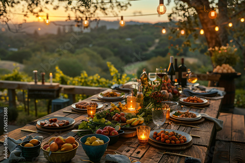 Outdoor dining table set at sunset with candles and wildflowers. Evening nature banquet setup with string lights. Al fresco dining and rural retreat concept for design and print