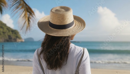  Traveller woman in hat looking on tropical beach, rear view. Female person enjoy sea vacation