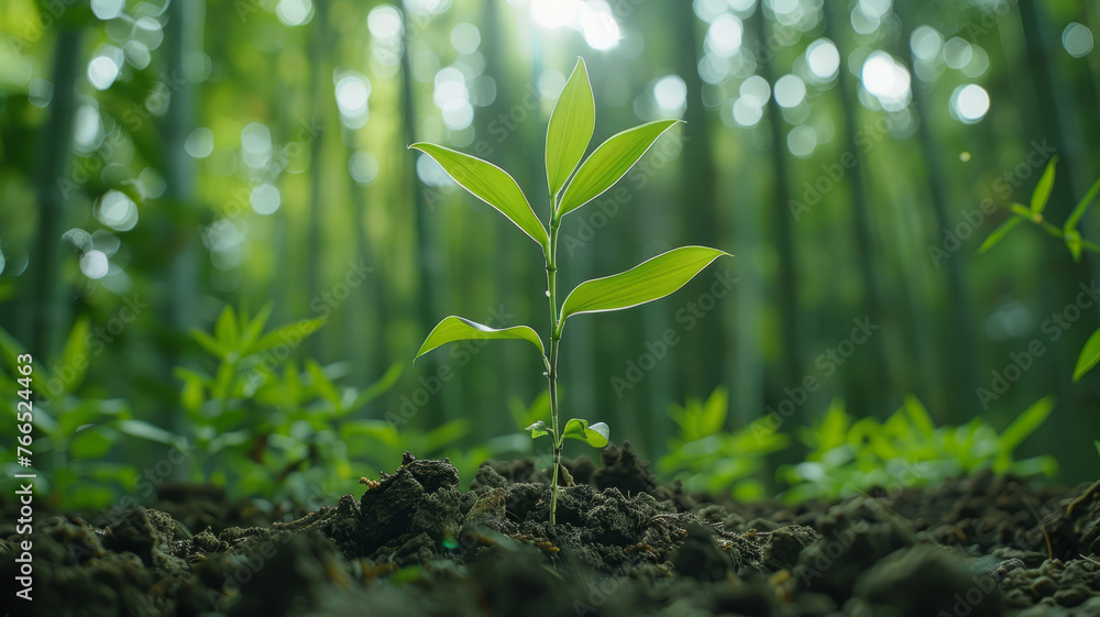 Young plant growing in soil in forest Young plant growing in soil in forest