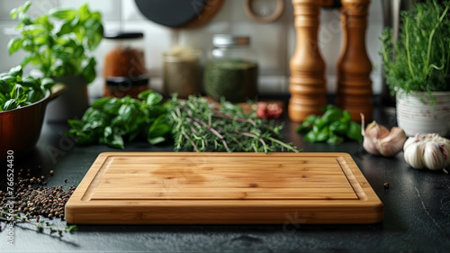 Empty wooden cutting board with herbs around it.