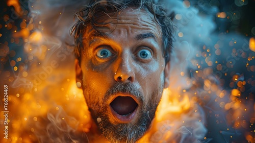 Closeup photo of sad terrified Young man lady horrified facial expression made big mistake feel guilty bemused Pupils wide open effect explosion Impact background. bloopers and blunders concept photo