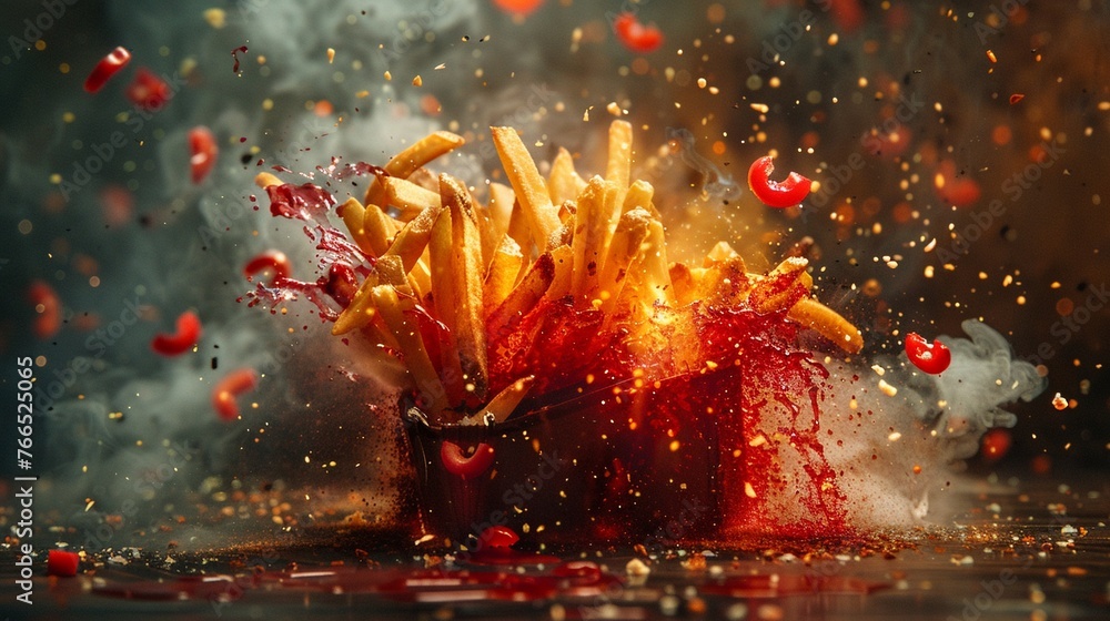 Experience the excitement of fried french fries jumping and exploding, painting the screen red with flavor , High detail, High resolution, Experience the excitement of fried french fries jumping and exploding, painting the screen red with flavor , High detail, High resolution,