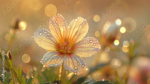 Flower with dew drops in sunlight.