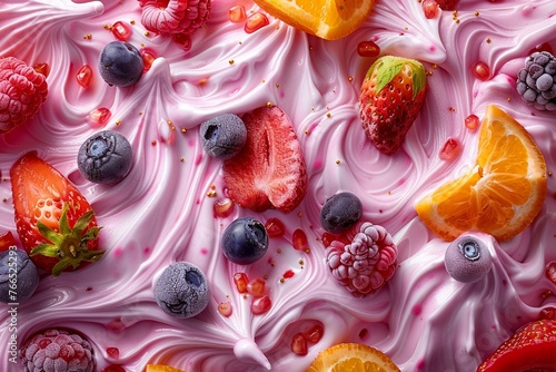 Step into a realm of mouthwatering indulgence with a closeup encounter of fruitinfused ice cream, its fruity flavors bursting forth in a symphony of color and taste against a radiant backdrop photo