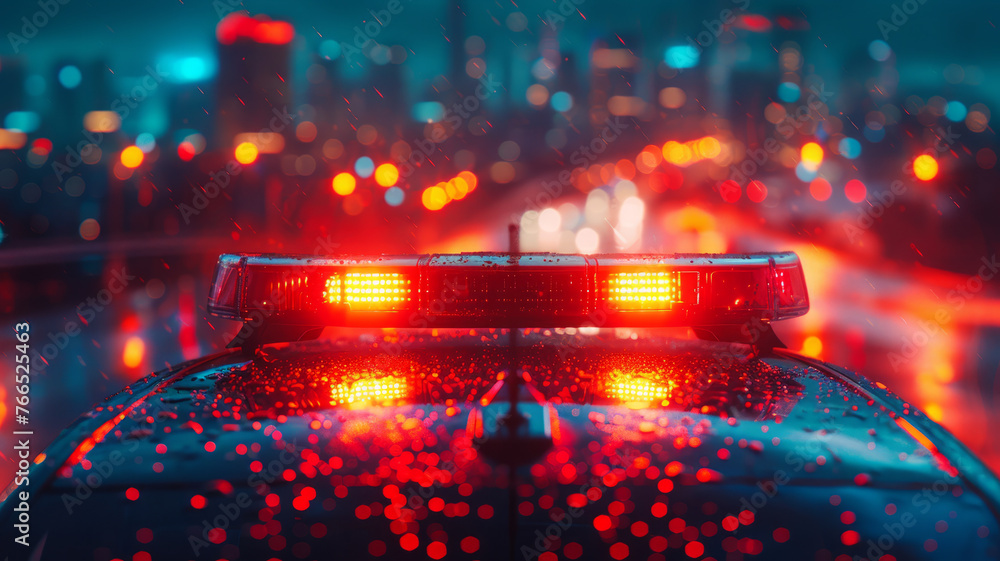 Police car rooftop lights at rainy night - obrazy, fototapety, plakaty 