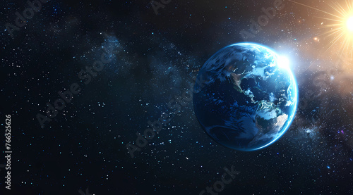 A blue glowing earth in space with the sun shining © ginstudio