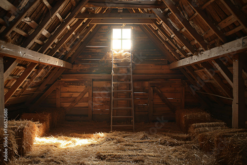 Warm sunlight rays filtering through wooden barn loft. Serene hayloft with sunbeams and dust particles. Countryside peace and loft simplicity concept for design and print