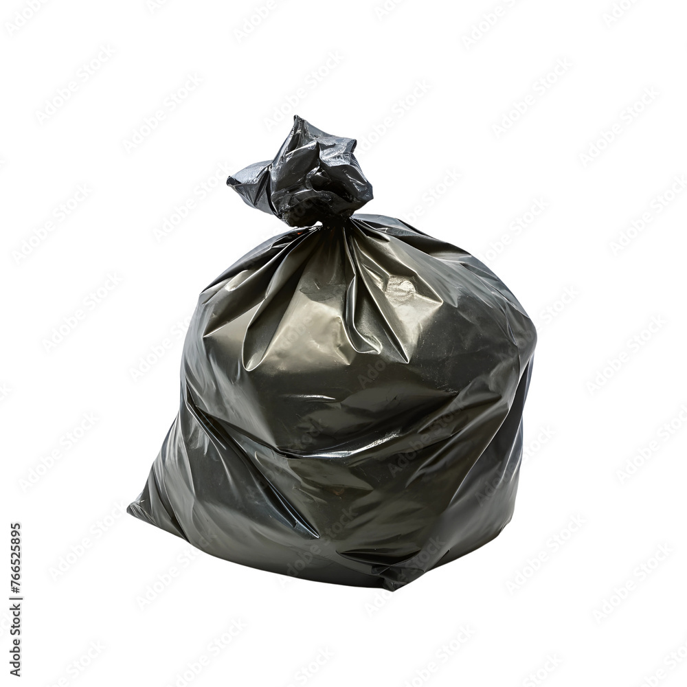 Black trash bag, close-up isolated on transparent background.