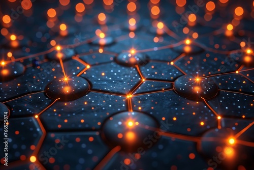 Abstract digital background with glowing connections and nodes forming an intricate network, symbolizing global connectivity in technology or data transfer on dark blue backdrop