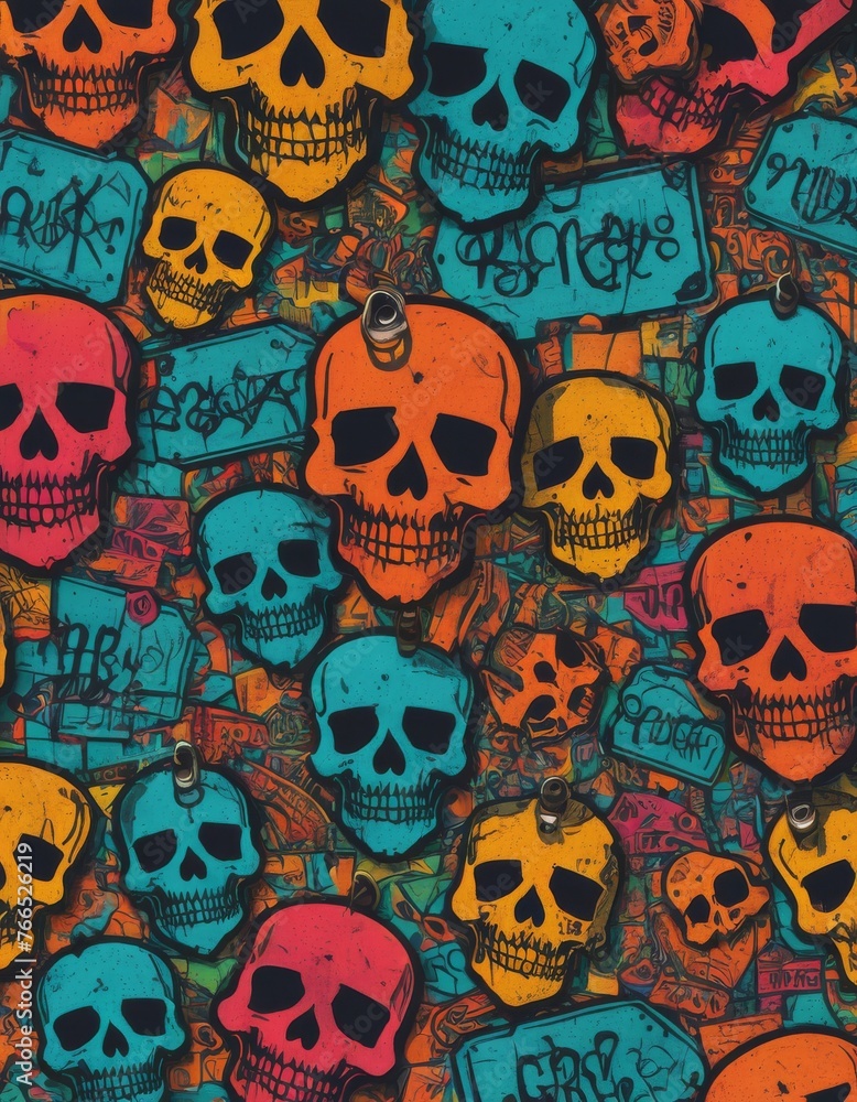 A multitude of skull keychains in vivid hues of orange, blue, and yellow, each featuring unique graffiti tags, creates a kaleidoscopic pattern.