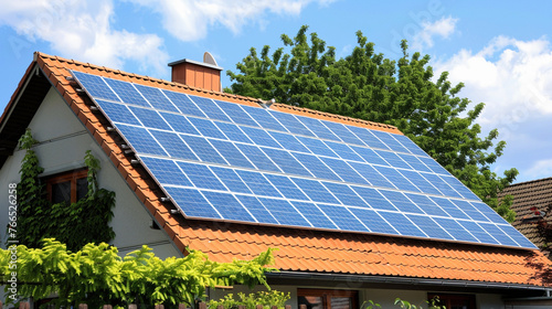 Solar panel installed roof, small house in suburban area converted to green energy concepts