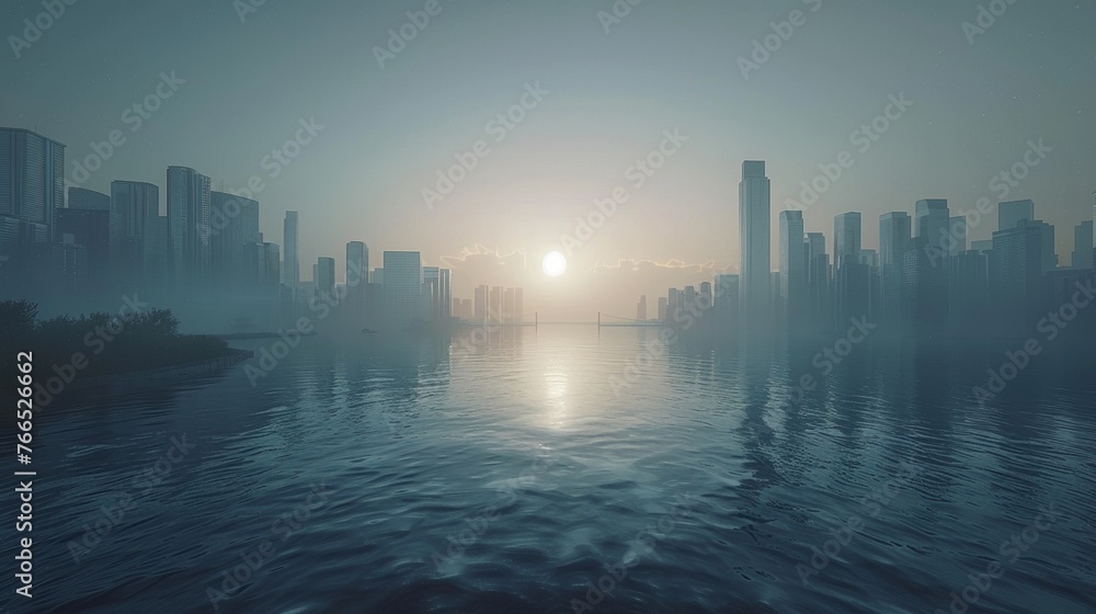 A city skyline with a foggy sky and water, AI